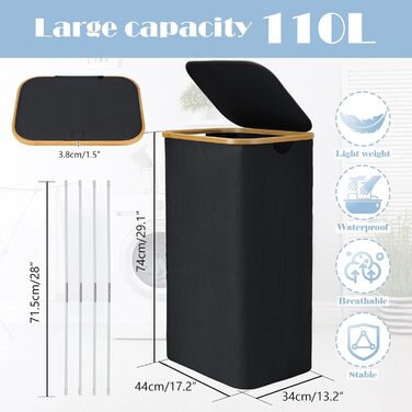 Кошик для білизни з кришкою Bellzacasa, 110 л, складний, з бамбуковими ручками та знімним мішком, чорний