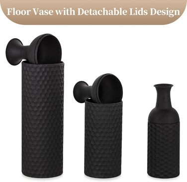 Vintage Black Tall Floor Vase Set of 3 - 68/51/41cm Metal Honeycomb Texture Matte Decorative Vase for Living Room, Dining Room, Bedroom, Office & Home Décor