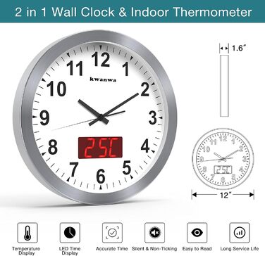 KWANWA Modern Wall Clock with No Ticking Sound • Digital LCD/LED Display • Calendar & Temperature • Battery Powered • 30.5cm • 12h Format, Perfect for Kitchen, Bedroom & Office (Silver Case, Red LED)