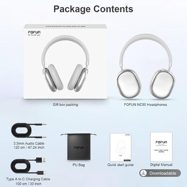 Навушники бездротові Bluetooth 6.0 NC95 з активним шумозаглушенням, сріблясті. До 120 годин роботи, налаштування EQ через додаток, для подорожей та спорту