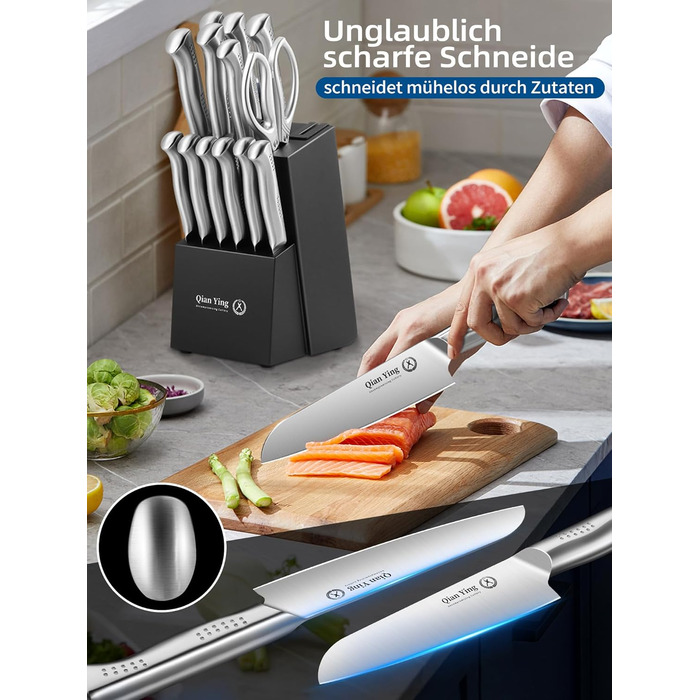Набір кухонних ножів Qianying з блоком: 14 предметів. Набір ножів з підставкою, точилка, срібний колір. Кухонні ножі, подарунок для мами. Преміум якість.