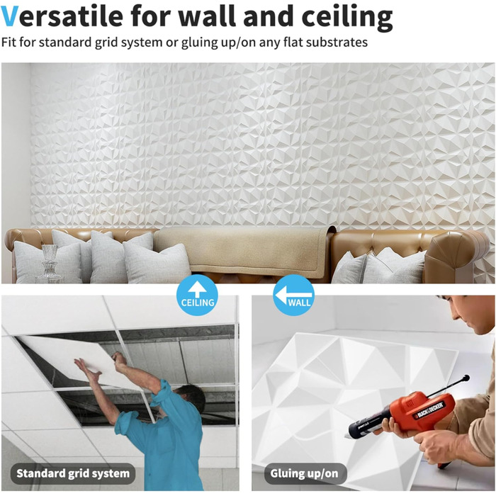 3D стінові панелі Art3d «Діамант» з жорсткого ПВХ, 30 x 30 см, білі матові, водостійкі та термостійкі, набір 33 шт.