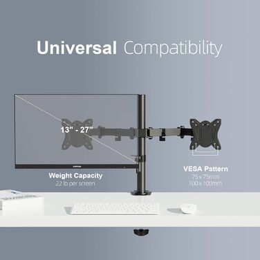 Кріплення для монітора GRIFEMA на 2 монітори, 13-27 дюймів, регульоване, поворотне, нахильне, VESA 75/100mm, GB2001A-2