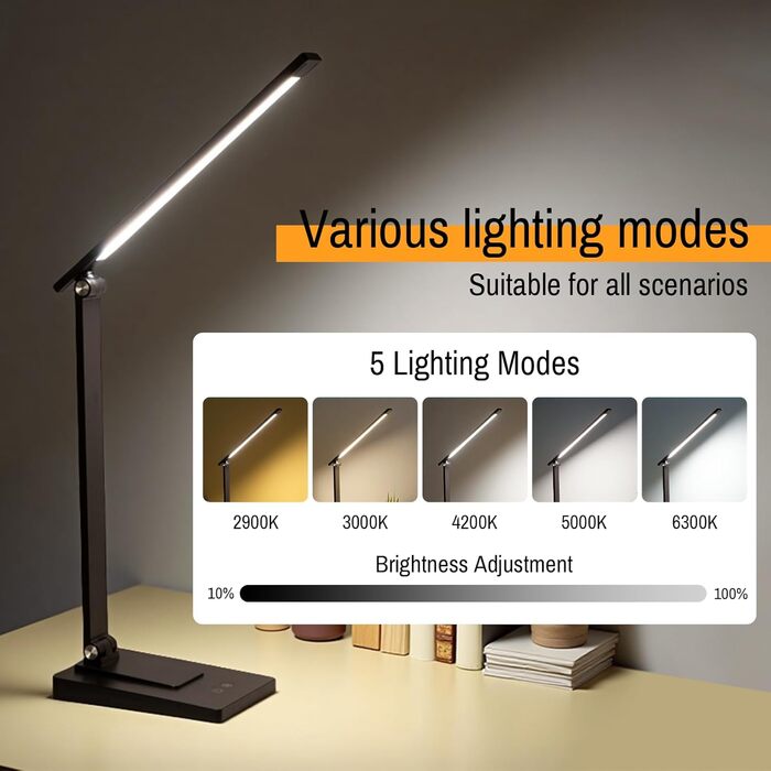 LED лампа настільна Eraylife: бездротова, 800LM, 2600mAh, 5 кольорів, 5 рівнів яскравості, диммування, для дітей, офісу, з USB, чорна