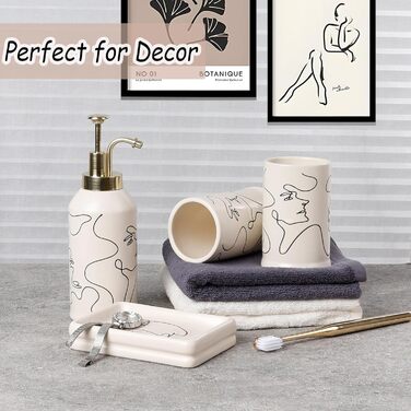 4-Piece Ceramic Bathroom Set, Artistic Line Face Bathroom Accessories Set with Soap Dispenser, Toothbrush Holder, Cup, Soap Dish, Abstract Bathroom Set for Decor, Cream