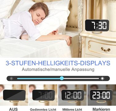 Цифровий годинник SZELAM з LED-дзеркалом 7 дюймів, 2 USB-порти, функція відкладання, автоматичне регулювання яскравості, для дому, колір золотий
