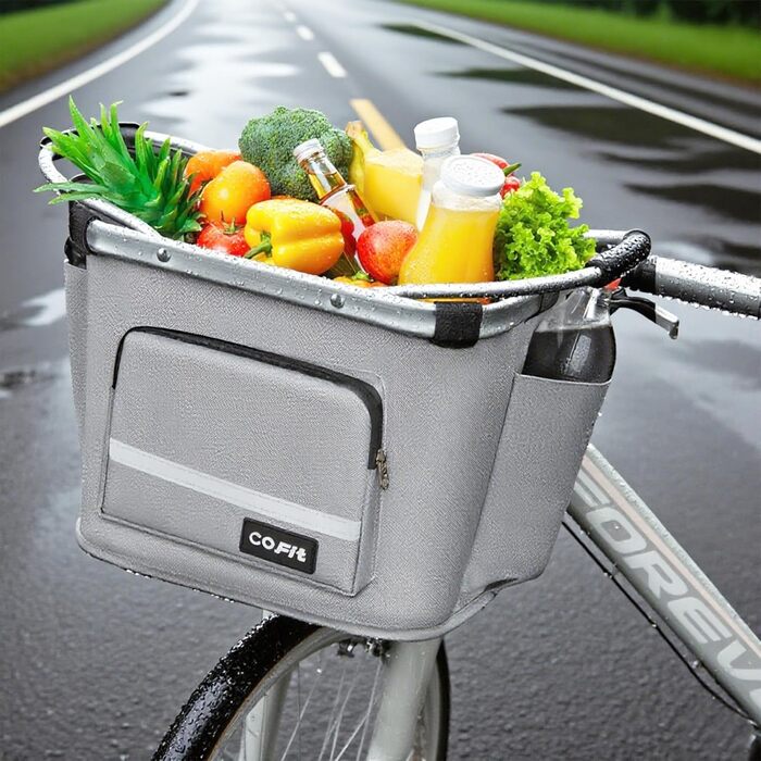COFIT Складний велосипедний кошик, знімний багатоцільовий кошик для велосипеда, для тварин, покупок, щоденних поїздок, кемпінгу та активного відпочинку. Сірий, з бічними кишенями
