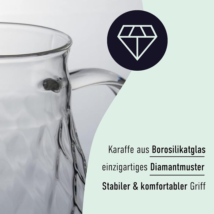 Borosilicate glass carafe with lid and spout - Glass carafe with a unique diamond pattern for 2 liters of cold or hot water - Drink dispenser for homemade iced tea and juice