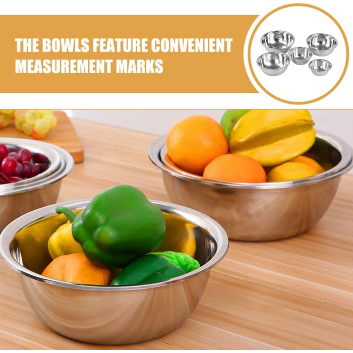 Набір з 5 чаш для перемішування GLEAVI з нержавіючої сталі: салатники, чаші для випічки, кухонні чаші для змішування та подачі, для збивання яєць