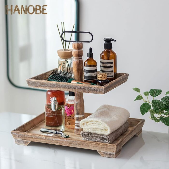 Hanobe Decorative Table Tray Shelving Wood: Brown Wooden Tray Large Rectangular with 2 Tiers Farmhouse Decorative Tray Vintage Shabby Serving Trays for Home Coffee Corner Bathroom