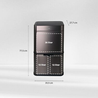 Сортувальний відро для сміття FLINQ Senzaro Sensor 3 відділення (2x12л + 36л) - 60л, нержавіюча сталь, автоматичне відкриття, для кухні