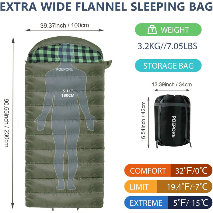 Спальний мішок Poepore Outdoor Winter для дорослих, Extra Wide, 3-4 сезони, XXL, теплий бавовняний фліс, 230*100см, 0°C
