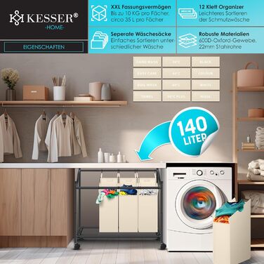 KESSER® Laundry Basket, Laundry Collector, Laundry Sorter with 4 Removable Fabric Bags | 4 Compartments x 35 Liters | Laundry Box with 12 Laundry Instructions, 360° Swivel Wheels with Brake, Laundry Sorting System, Laundry Cart, Beige
