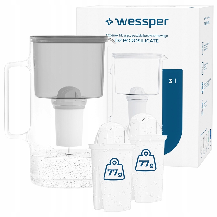 Скляний фільтр-кувшин Wessper D2 BOROSILICATE 3л, сірий + 3 фільтри