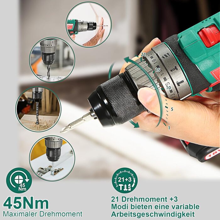 Акумуляторний шурупокрут HYCHIKA 18V, 45 Nm, 2.0 Ah, 27 предметів, 21+3 ступені, 2 швидкості, для свердління та закручування