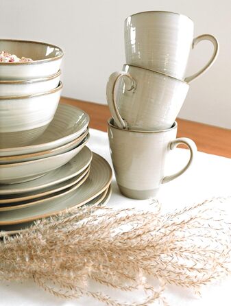 MÄSER 931371 Nottingham Vintage Dinner Set for 4 people, 8-piece tableware set with dinner plates and soup plates in an irregularly round retro look, stoneware, beige