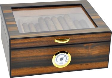 Вологозбережувач для сигар Eitida на 25-50 сигар з дисплеєм з загартованого скла, ручної роботи, з іспанського червоного кедру з перегородкою, зволожувачем та гігрометром, чорний ебоніт (Сантос Палісандр)