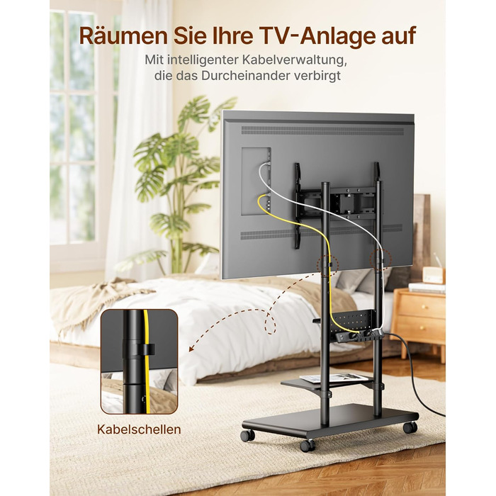 Підставка для телевізора на колесах, 50-90 дюймів, до 70 кг, регульована висота та нахил, з полицями, VESA 600x400 мм