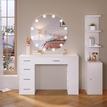 Туалетний столик SONNI з LED-підсвіткою, дзеркалом HD, 10 рівнями яскравості, 3 кольори, з шухлядами, косметичний столик-комод для спальні, білий, 30x58x160 см