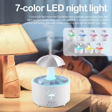 Rainfall Humidifier, Rain Cloud Humidifier, Rain Sounds for Sleeping, Rain Mushroom Lamp with 7 Color Light, Rainfall Humidifier 350ml, Oil Diffuser