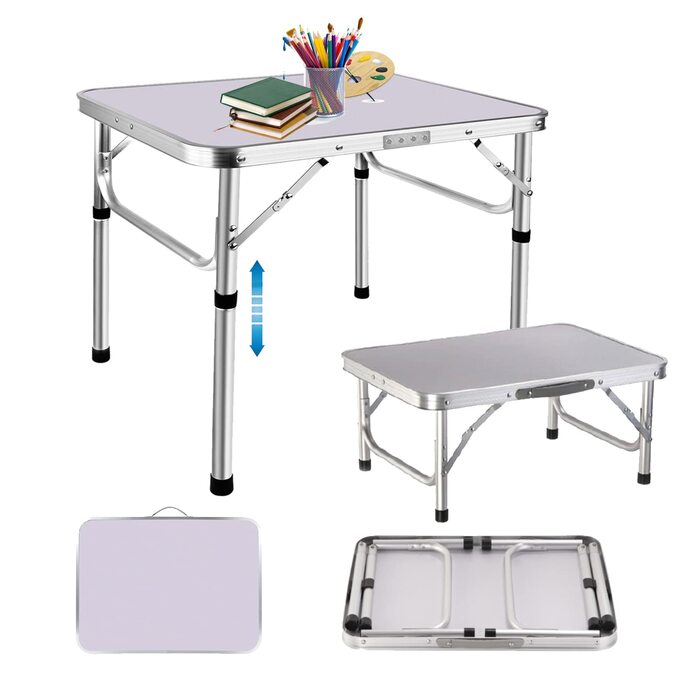 Складаний стіл для дітей 60 см, регульована висота, алюміній, для кемпінгу, саду, пікніка, грилю, подорожей (MDF стільниця, білий)
