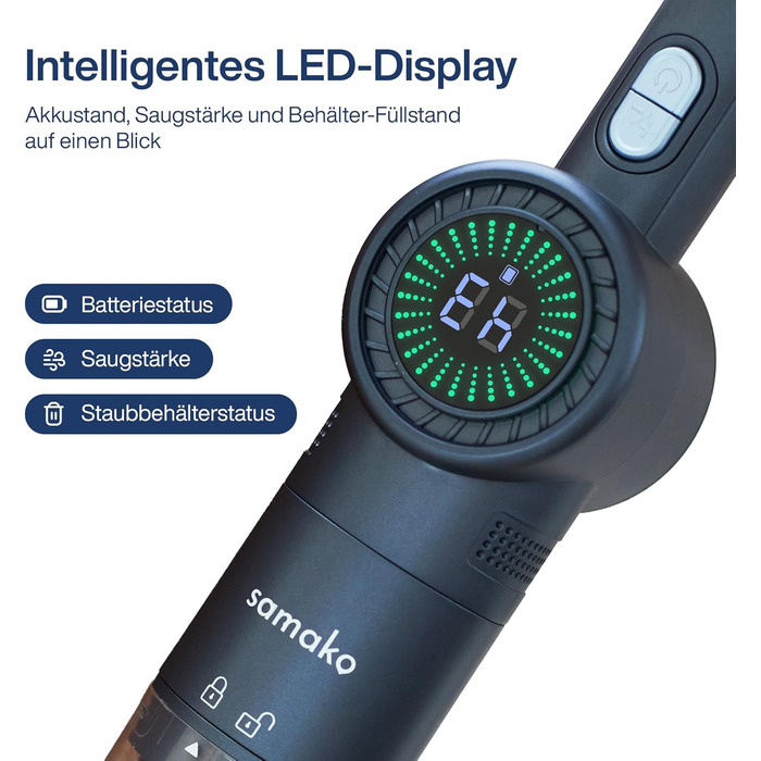 Samako Акумуляторний пилосос NanoDetect Pro 13,5 кПа з LED-дисплеєм, ультралегкий (0,85 кг), HEPA-фільтр, для дому, авто та дивана