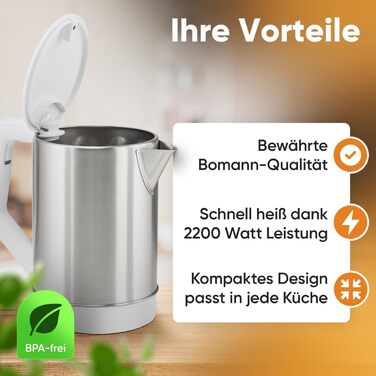 Електричний чайник Bomann WKS 3002 CB: нержавіюча сталь, 1,5 л, BPA free, зручне управління, білий