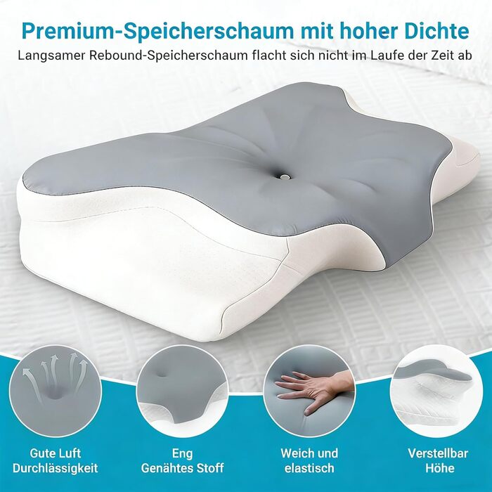 Подушка ортопедична з піни Memory Foam для підтримки шиї, сіра. Ефективна проти болю, ергономічна, для сну на боці, спині та животі.