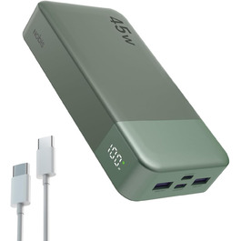Power Bank NOBIS 20000mAh 45W з кабелем USB-C, портативний зарядний пристрій з цифровим дисплеєм (зелений)