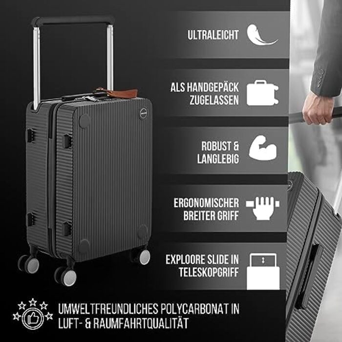 Чемодан ручної об'єм, тріумф 35x22x55 см, міцний, з колесами, з полікарбонату, TSA-замок, ідеальний для подорожей, чорний/шампань рожевий (чорний/срібний)