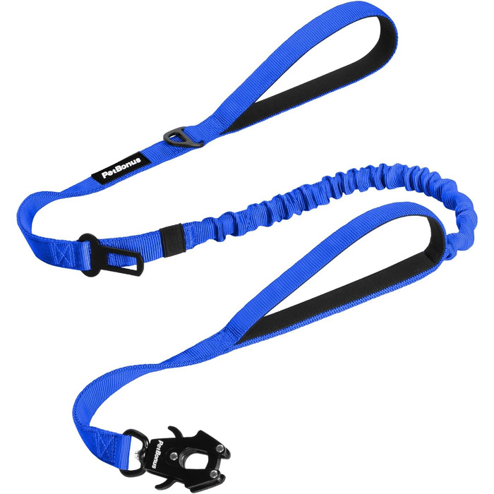 Міцна тактична повідка для собак PetBonus, 1,5м, еластична, з 2 м'якими ручками, страхувальний ремінь для авто, нашийник-повідок для дресирування собак великих та середніх порід (Армійний зелений, Синій)