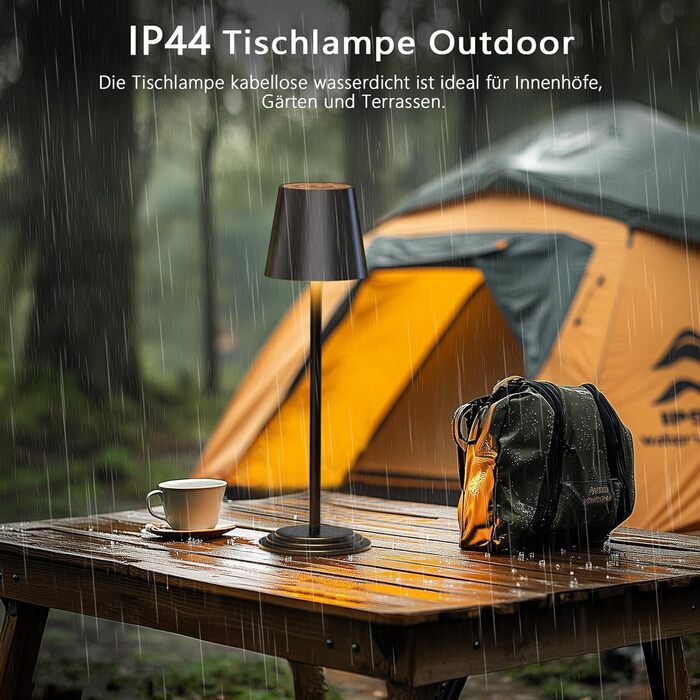 Настільна лампа бездротова акумуляторна 5200mAh, металева, з димером та регулюванням висоти, чорна з дерев'яними елементами для дому та кемпінгу