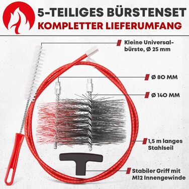 Wood Stove and Pellet Stove Cleaning Set, with Flexible Push Rod, 80 and 150 mm Chimney Pipe Brushes