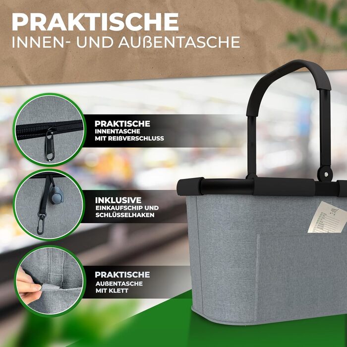 Великий стабільний кошик для покупок | Кошик-сумка з ручками та посиленим дном, передньою кишенею та внутрішньою кишенею на блискавці | Ідеально як сумка для покупок, кошик для пікніка або шопер (Сірий)