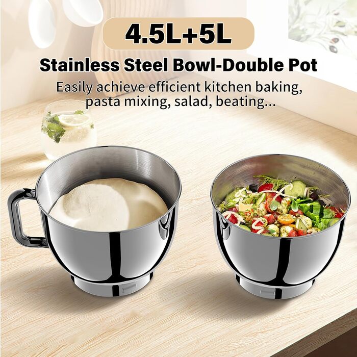 Планетарний міксер Vospeed для замісу тіста 5QT, кухонна машина з чашею з нержавіючої сталі, 8 швидкостей, набір насадок (гак, вінчик, міксер), синій