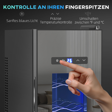 HOMCOM 12-Bottle Wine Refrigerator 30L 8-18℃ Thermoelectric Double-Layered Bottle Cooler with Glass Door, Beverage Cooler with LED Light, Small Wine Cabinet with Touch Screen Black | Aosom