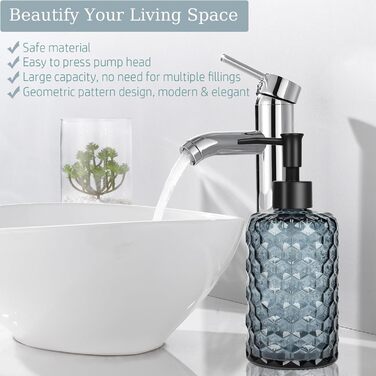 Скляний дозатор для мила 500 мл з хвильовим дизайном для ванної кімнати та кухні, з чорною пластиковою помпою, дерев'яними етикетками та воронкою (вугільно-блакитний)