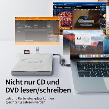 Зовнішній CD/DVD привід Alxum USB 3.0 з картридером SD/TF та додатковим USB-портом, білий