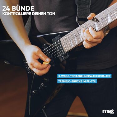 Електрогітара Max GigKit Rock Style: Комплект для гітари з підсилювачем, чохлом, медіатором, тюнером, кабелем, струнами та ременем, 24 лади - Чорний