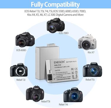 Запасні акумулятори ENEGON (2 шт.) та швидке зарядне пристрій Dual для Canon LP-E8 та Canon EOS Rebel T2i, T3i, T4i, T5i, 550D, 600D, 650D, 700D, Kiss X4, X5, X6, LC-E8E, 2 * LP-E8 Akkus + 1 * Dual Ladegerät