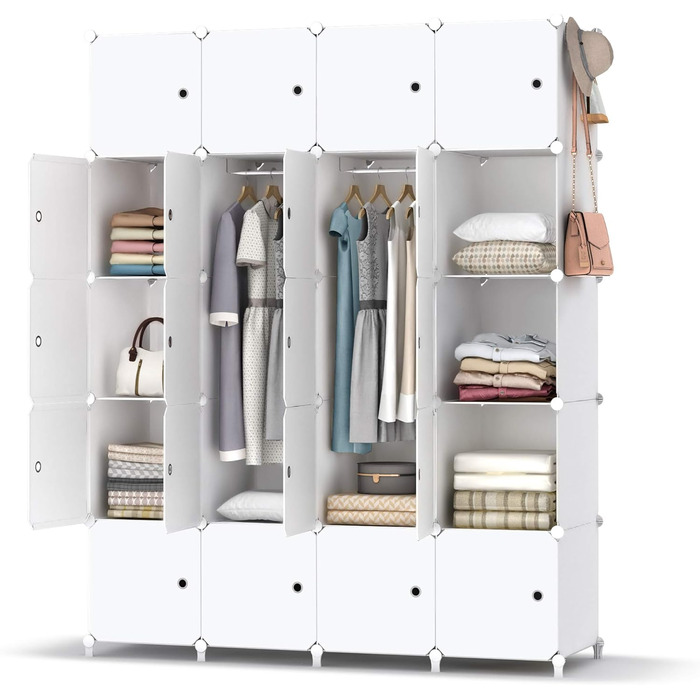 HOMIDEC Wardrobe, Portable Shelving System, 20-Cube Closet Organizer made of Plastic with 2 Clothes Rods, Bedroom Wardrobe Closet White for Bedroom, 180 x 142 x 45cm