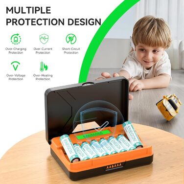 Зарядний пристрій ENEGON 8-Fach для AA/AAA акумуляторів з LCD дисплеєм + 8 Ni-MH AAA акумуляторів 1100mAh, USB-C станція для пульт дистанційного керування, термометрів та електроніки