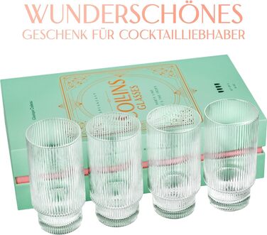 GLASSIQUE GIFT Vintage Art Deco Collins Gin Longdrink Ribbed Cocktail Glasses | 4-Piece Set | 400 ml Slim Tall Ribbed Highball Longdrink Glasses for Mojito Cocktails