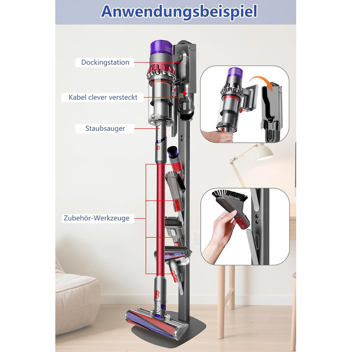 Підставка для пилососів Dyson G5, V15, V12, V11, V10, V8, V7, V6, металева, з 4 гачками та 4 полицями, без свердління, стабільна, на підлогу, приховане кріплення кабелю (темно-сірий)