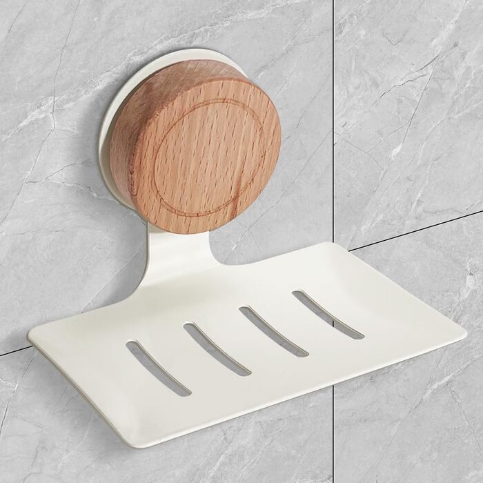 Миска для мила в душ, кріплення на стіну, дуб, поворотний присосок, самоклеюча, самостійно спорожняється, портативна, водонепроникна, без свердління для ванної кімнати, кухні (кремово-білий)