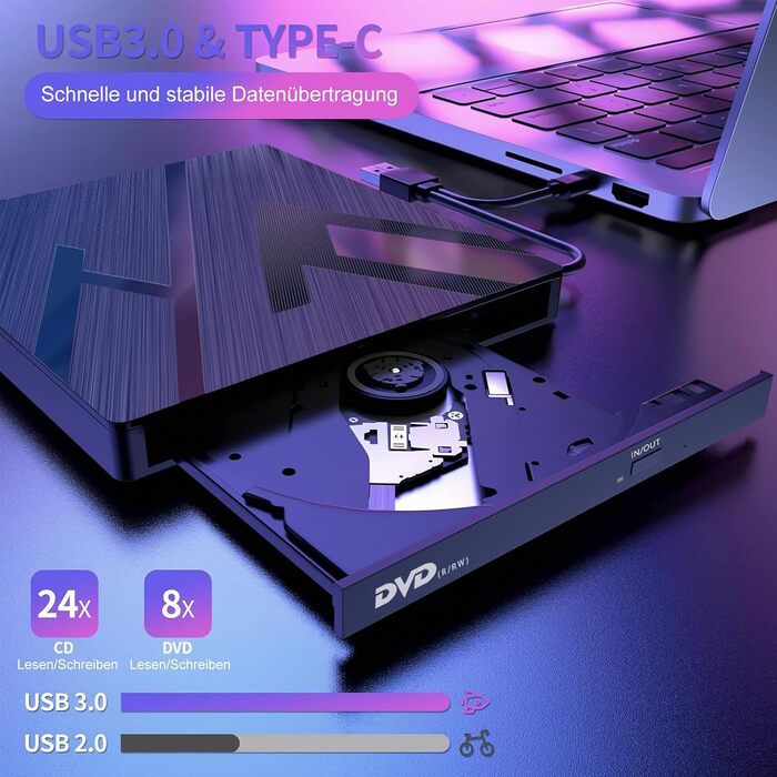 Зовнішній CD/DVD привід varkda USB 3.0 та USB-C, портативний оптичний накопичувач та записувач для ноутбука, ПК, Mac, Windows, Linux (8 в 1, чорний)
