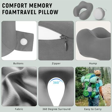 Подушка для шиї в подорожах: Memory Foam, для авто, літака, офісу, дому (сіра)