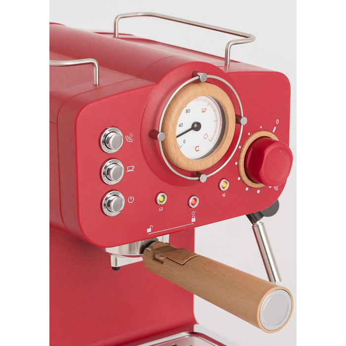 CREATE / THERA MATT RETRO /Espresso Machine Cream White Matt and Wood /Semi-Automatic, with a 15 bar pressure pump and 1100W, 1.25L water tank, for ground coffee, 55 mm. ESE pods (Rot Matt - Wood)