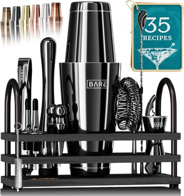 Bare Barrel® Cocktail Shaker Set - 14 Piece Mixology Bar Kit with Boston Shaker, Martini Accessories & Recipe Cards - Home Bartender Set