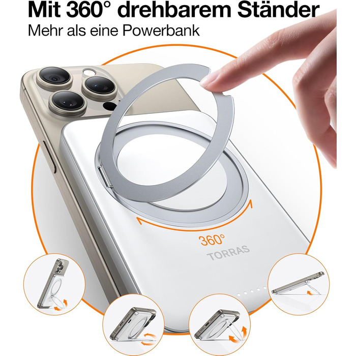 Портативний зарядний акумулятор TORRAS MagSafe 5000mAh з кільцем для iPhone 16/15/14/13/12. Бездротова зарядка, USB-C, швидка зарядка, білий